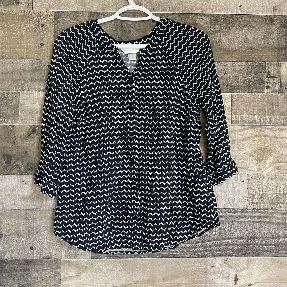 Christopher & Banks Womens Size S Dark Navy & Aqua‎ Blue Button Front Top